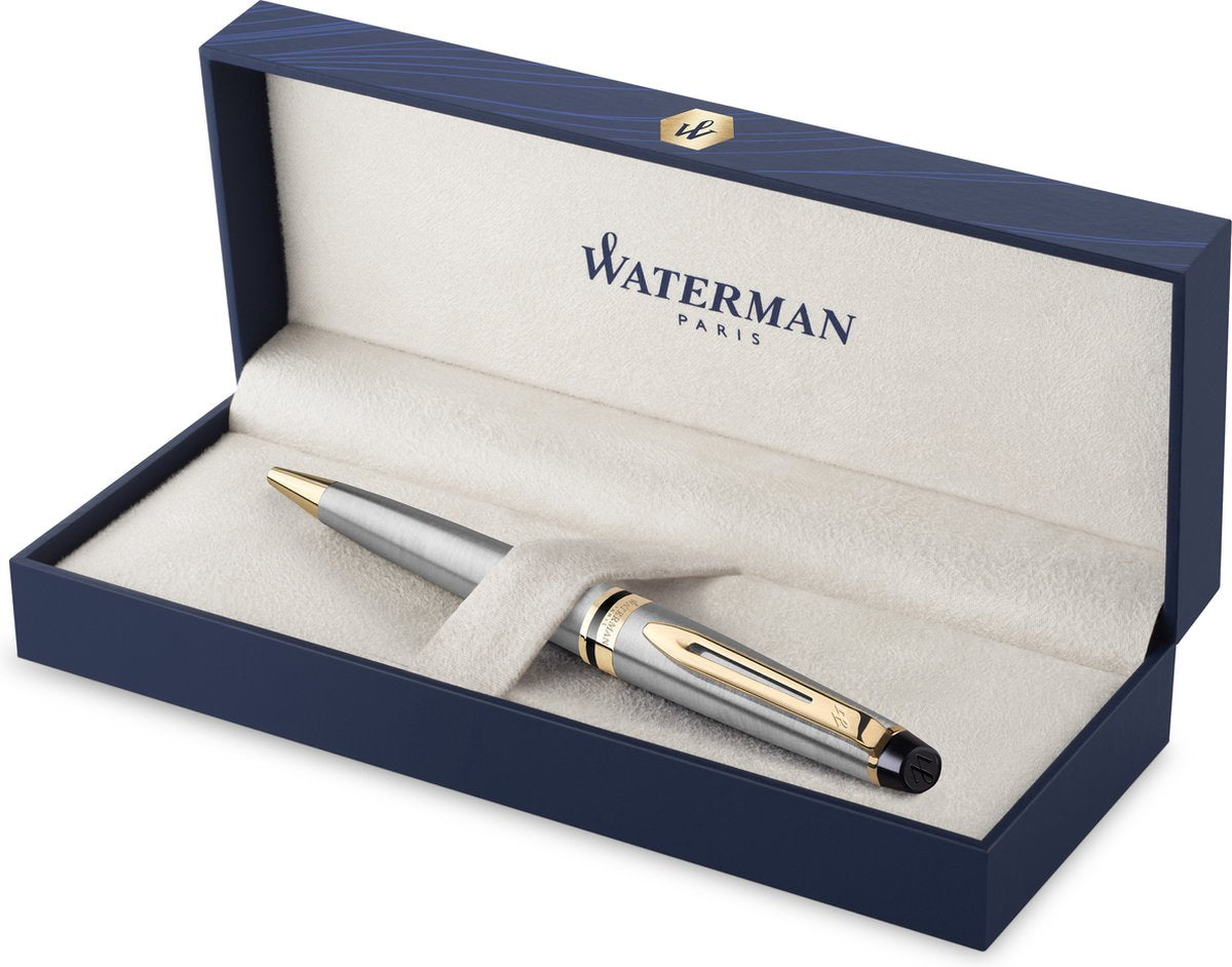 Waterman Expert Kugelschreiber | Edelstahl mit 23 Karat Goldfinish | mittlerer Punkt | blaue Tinte | mit Geschenkbox