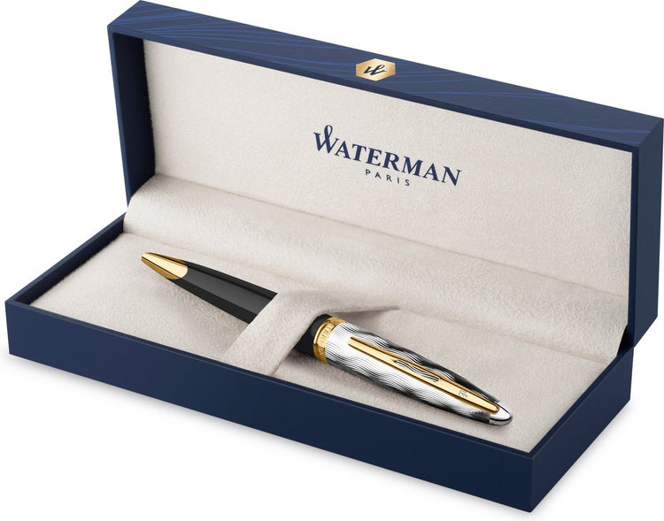 Waterman Carene Kugelschreiber | Metall und schwarzer Lack mit Golddetails und gemeißelter Kappe | mittlerer Punkt | mit Geschenkbox