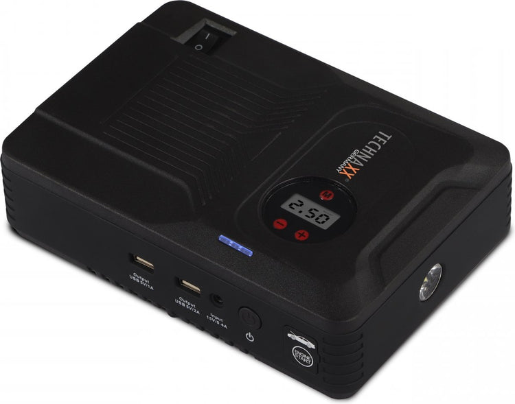 Technaxx tx-219 – 4-in-1-Multifunktions-Starthilfe, Batterieladegerät, Kompressor und Powerbank – 14000-mAh-Akku – LED-Lampe – 3,5-Bar-Kompressor – USB-Ausgänge – geeignet für Auto – Schwarz