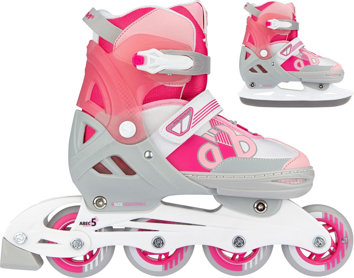 Nijdam 2-in-1-Combo-Inline-Skates, kinderverstellbar – Eishockey – Pink – Größe 29–32