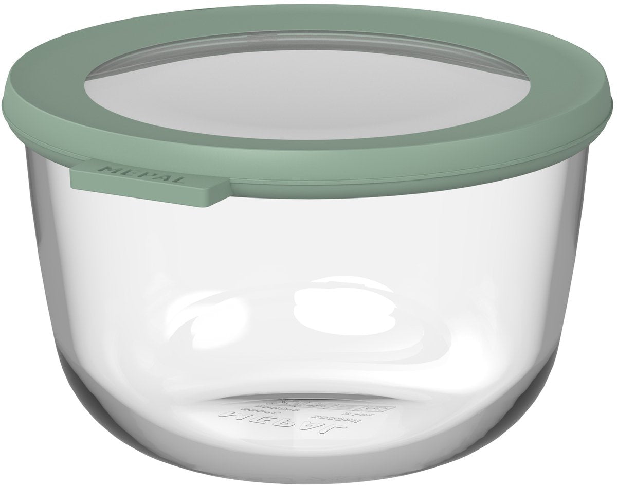 Mepal Lebensmittelbehälter aus Glas rund Cirqula – 1000 ml – Lebensmittelbehälter aus Glas – hitzebeständig bis 550 °C. ohne Deckel – Meal-Prep-Behälter – nordischer Salbei