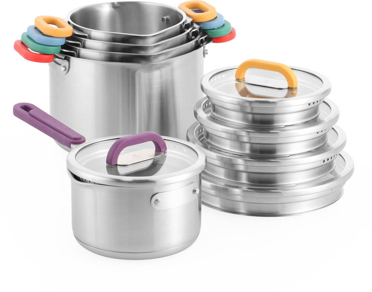 Bk Arts Crafts Limited Edition 5-teiliges Kochgeschirrset aus Edelstahl – Induktionspfanne – Induktionskochgeschirrset – 16 cm – 22 cm – mit Deckel – stapelbar – sicheres Abtropfen – ofenfest bis 180 Grad – Edelstahl