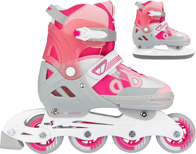 Nijdam 2-in-1-Combo-Inline-Skates, kinderverstellbar – Eishockey – Pink – Größe 33–36