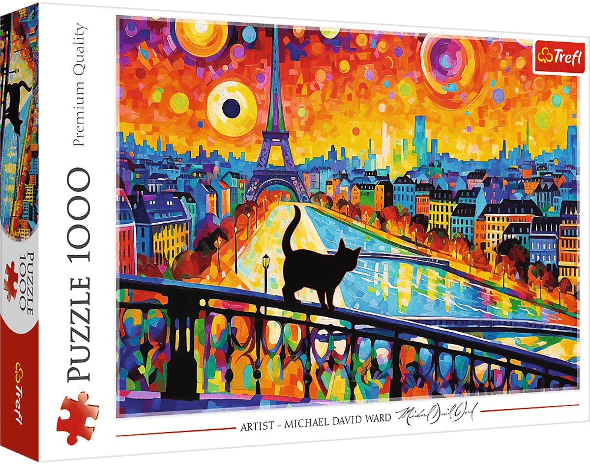 Trefl Puzzle Katze in Paris – 1000 Teile – farbenfroher Pariser Puzzlespaß.