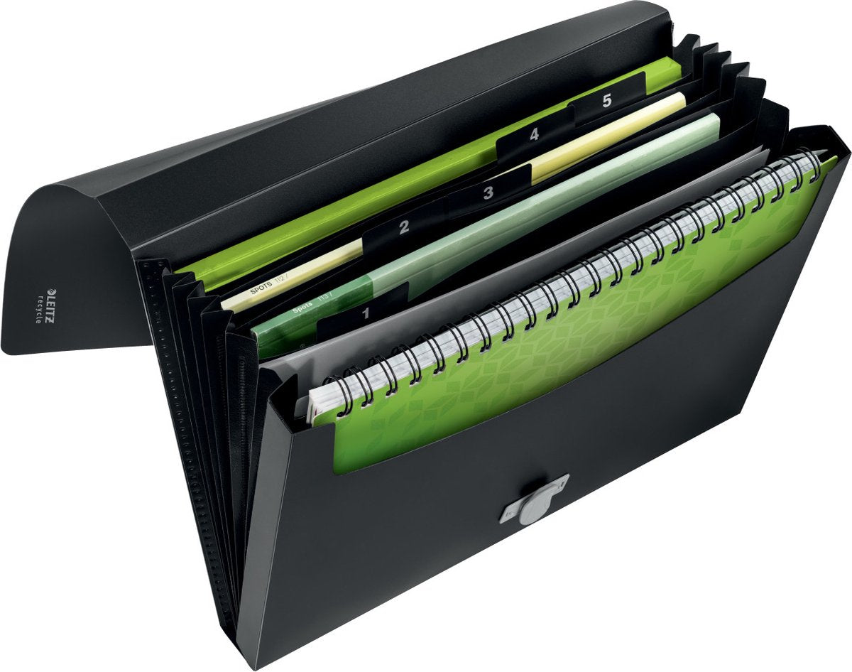 Leitz Recycle-Projektmappe A4 – mit 5 Fächern – 80 % recycelter Post-Consumer-Kunststoff – Schwarz