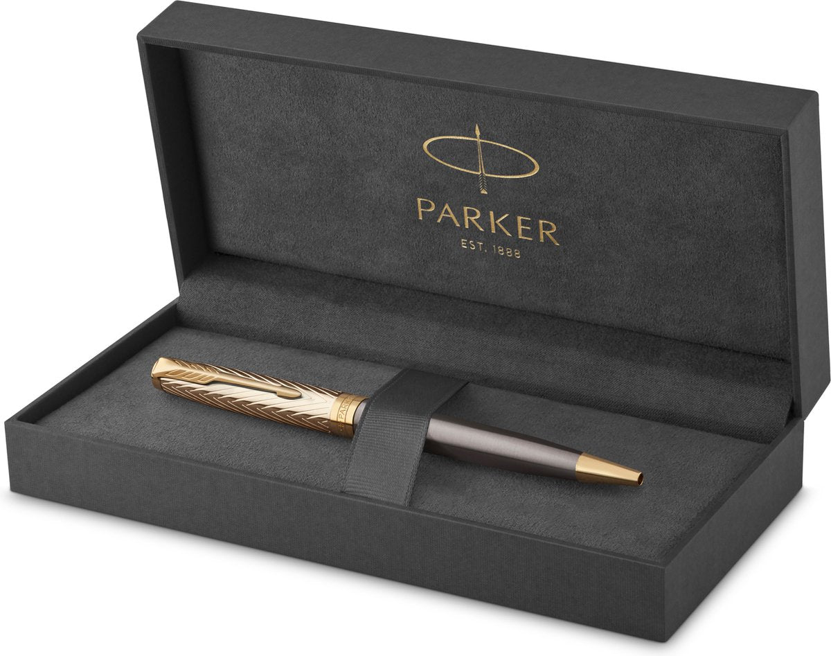Parker Sonnet Pioneers Collection Kugelschreiber | grauer Lack mit goldener Kappe und Details | mittlerer Punkt | schwarze Tinte | mit Geschenkbox