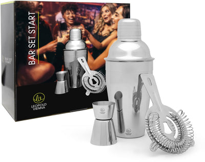 Leopold Vienna - Cocktail-Set Start 3-teilig (Cocktail-Shake-Becher, Jigger-Pipette, Sieb) Geschenk-Geschenkset