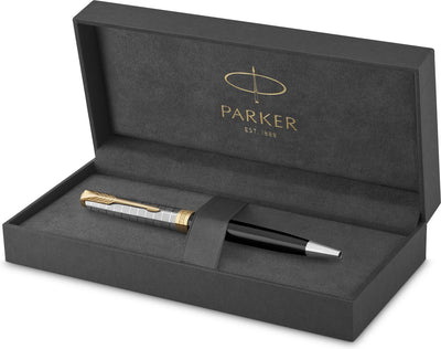 Parker Sonett Kugelschreiber | Messing + deckender schwarzer Lack | mittlere Spitze mit schwarzer Tinte | Geschenkbox