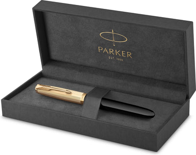 Parker 51 Füllfederhalter | 18 Karat reines Gold | schwarzes Harz | Golddetail | feine Spitze mit schwarzer Tinte | Geschenkverpackung
