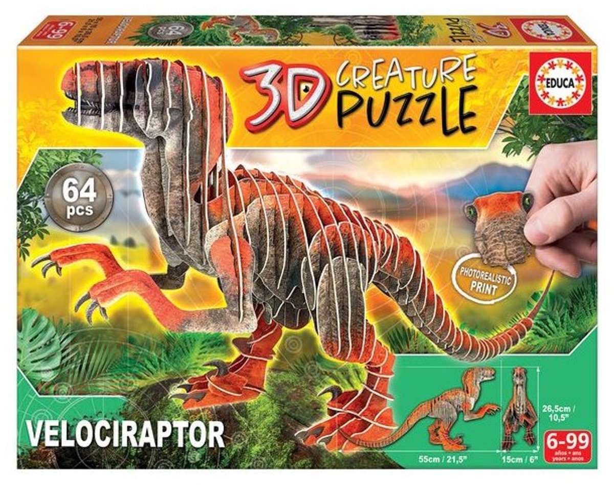 Educa - Puzzle - 64 Teile - Velociraptor 3d