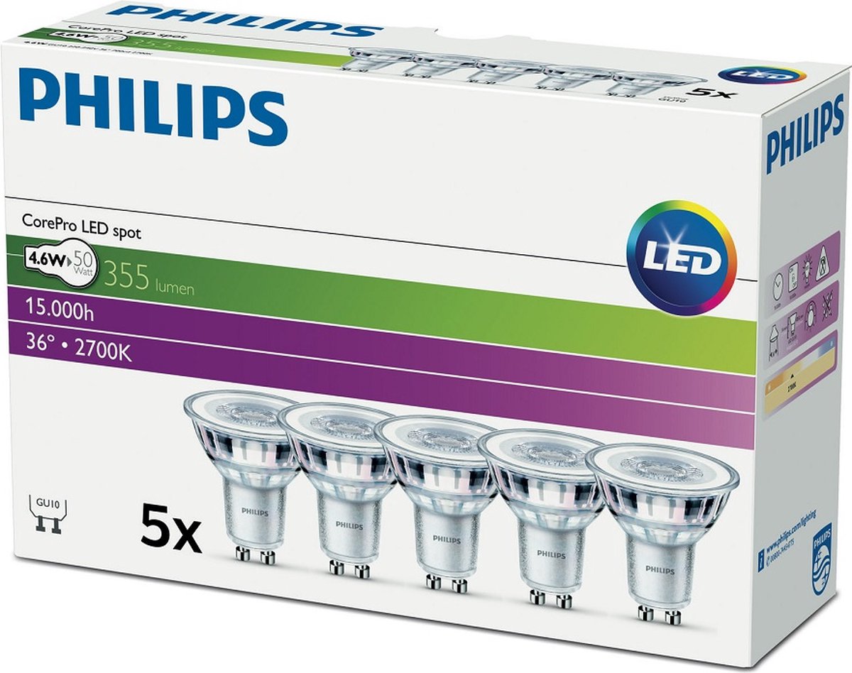 Philips LED-Spot gu10 – 4,6 W (50 W) – warmweißes Licht – nicht dimmbar – 5 Stück