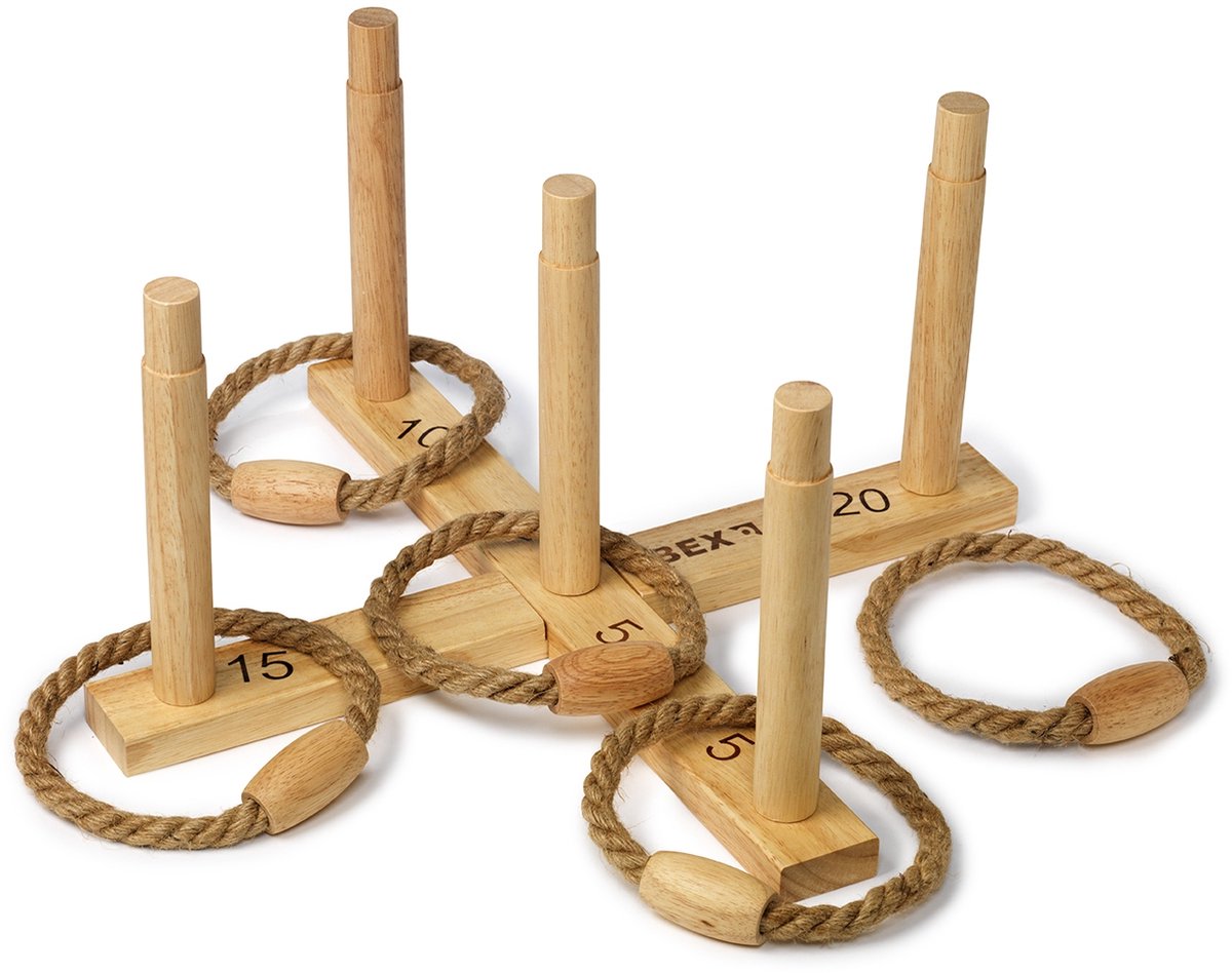 Bex Ring Toss Original – Ringwurfspiel – Holzspiel für draußen aus Gummiholz – klassisches Wurfspiel mit Ringen – Komplettset mit 5 Wurfringen – ab 8 Jahren