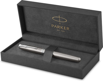 Parker Sonett Füllfederhalter | Edelstahl mit Palladiumkante | mittlere Feder | Geschenkverpackung