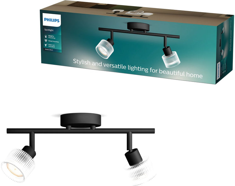 Philips Höraufbaustrahler – LED-Gu10-Fassung – ausrichtbar – 2 Lichtpunkte – Clickfix – Schwarz mit geriffeltem Glas