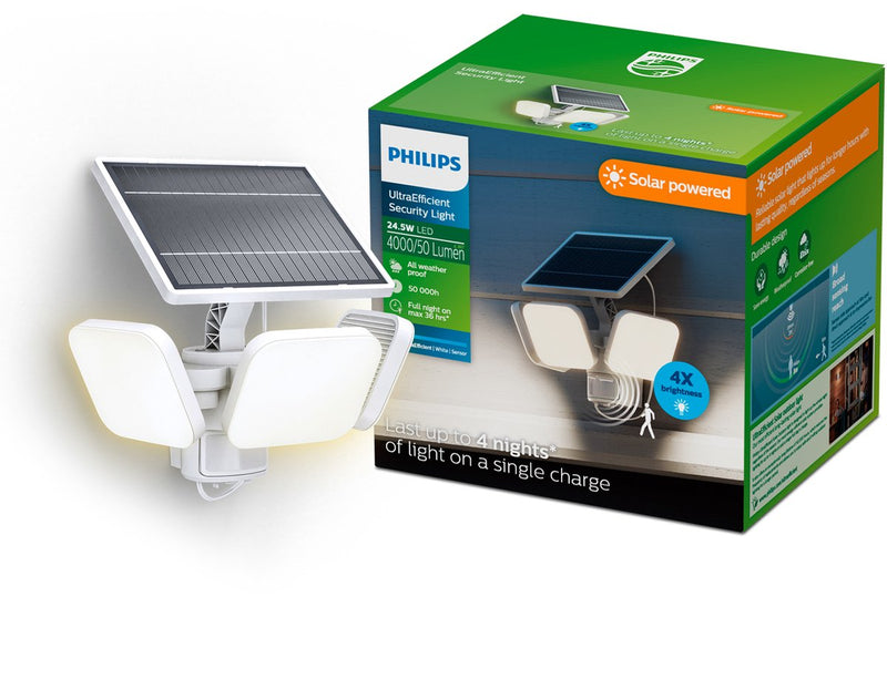 Philips LED Philips Ultraeffiziente Zyren-Wandleuchte – Solar-Sicherheitslampe – Flutlicht – Bewegungssensor – helles weißes Licht: 5000 K – 24,5 W – Weiß – zwei Lichtmodi – Dämmerungssensor – Solarenergie – wasserbeständig