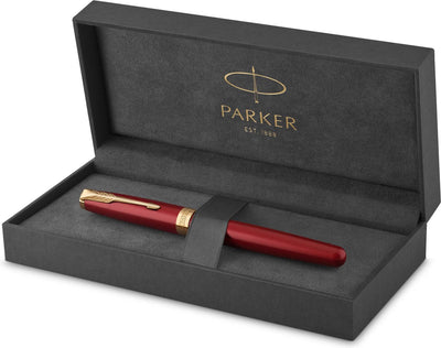 Parker Sonett Füllfederhalter | roter Lack mit goldenen Details | feine Feder | Geschenkbox