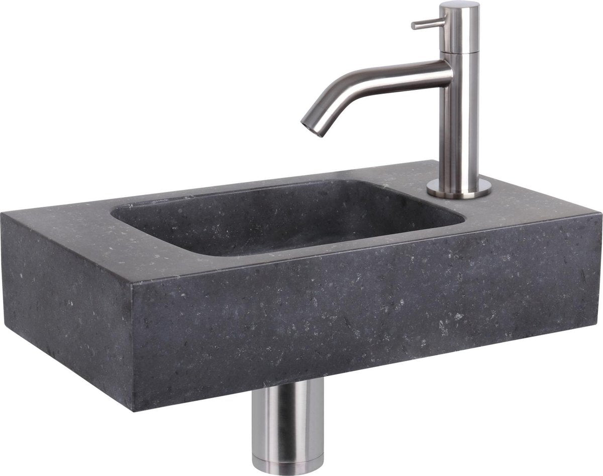 Differnz Brunnenset bombai schwarz – Naturstein – Wasserhahn gebogen matt chrom – 40 x 22 x 9 cm
