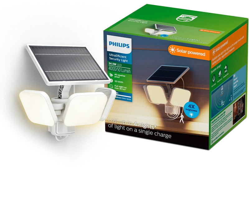 Philips LED Philips Ultraeffiziente Zyren-Wandleuchte – Solar-Sicherheitslampe – Flutlicht – Bewegungssensor – helles weißes Licht: 3000 K – 24,5 W – Weiß – zwei Lichtmodi – Dämmerungssensor – Solarenergie – wasserbeständig