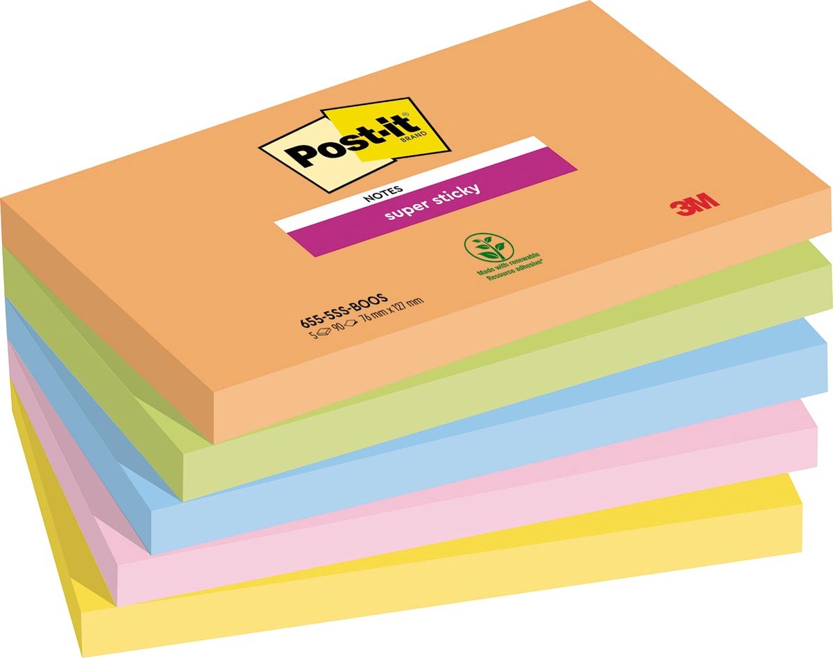 Post-it super sticky notes boost | 90 Vel | ft 76 x 127 mm | verschiedene Farben | Packung mit 5 Blöcken