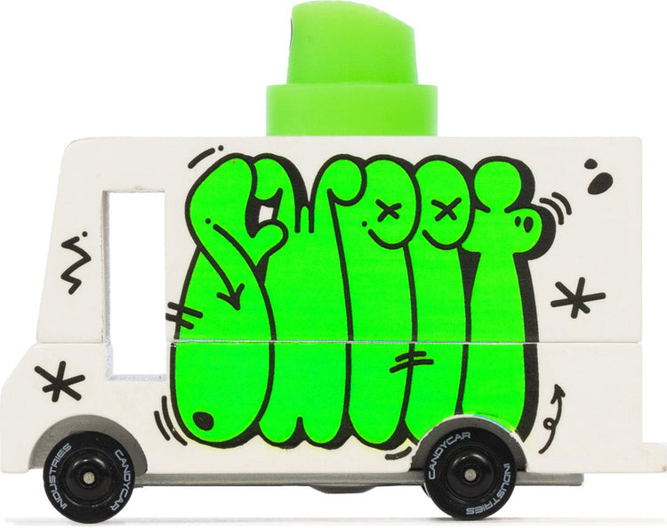 Candylab Spielzeugauto Van Graffiti Green – Süßigkeitenauto aus Holz.
