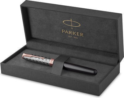 Parker Sonett Füllfederhalter | Edelstahl und graue Farbe | feine Feder mit schwarzer Tinte | Geschenkbox