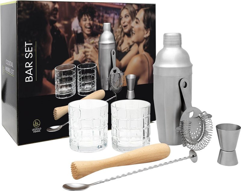 Leopold Vienna - Cocktailset 7-teilig (Cocktailshaker, Pipette, Stößel, Barlöffel, Gläser) Geschenk-Geschenkset