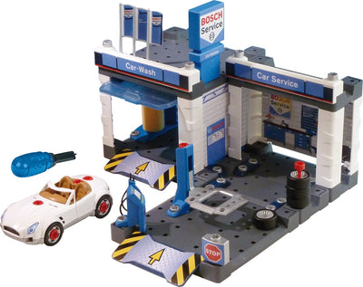 Klein Toys Bosch Autoservice Autogarage – Montagespielzeug mit Hebebrücke und Autowaschanlage – 41x39x29 cm – Blau