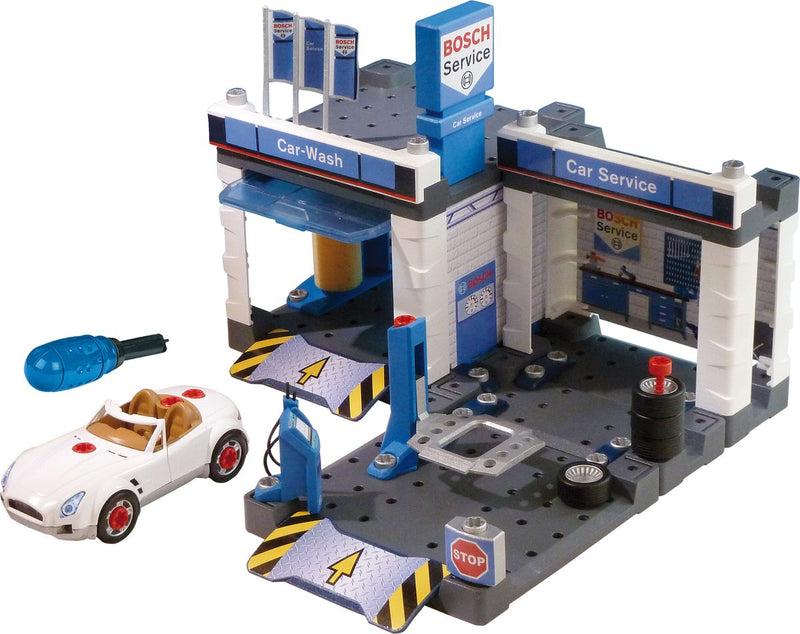 Klein Toys Bosch Autoservice Autogarage – Montagespielzeug mit Hebebrücke und Autowaschanlage – 41x39x29 cm – Blau