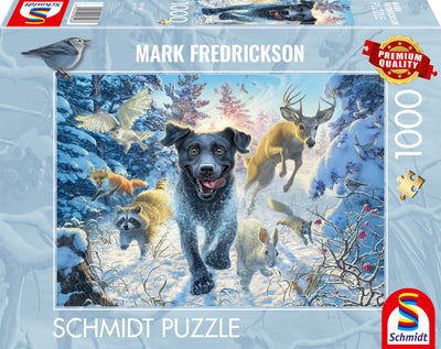 Schmidt – Puzzle – Hundeliebe, schwarzer Labrador im Schnee – Mark Fredrickson – 1000 Teile – Erwachsene – ab 12 Jahren