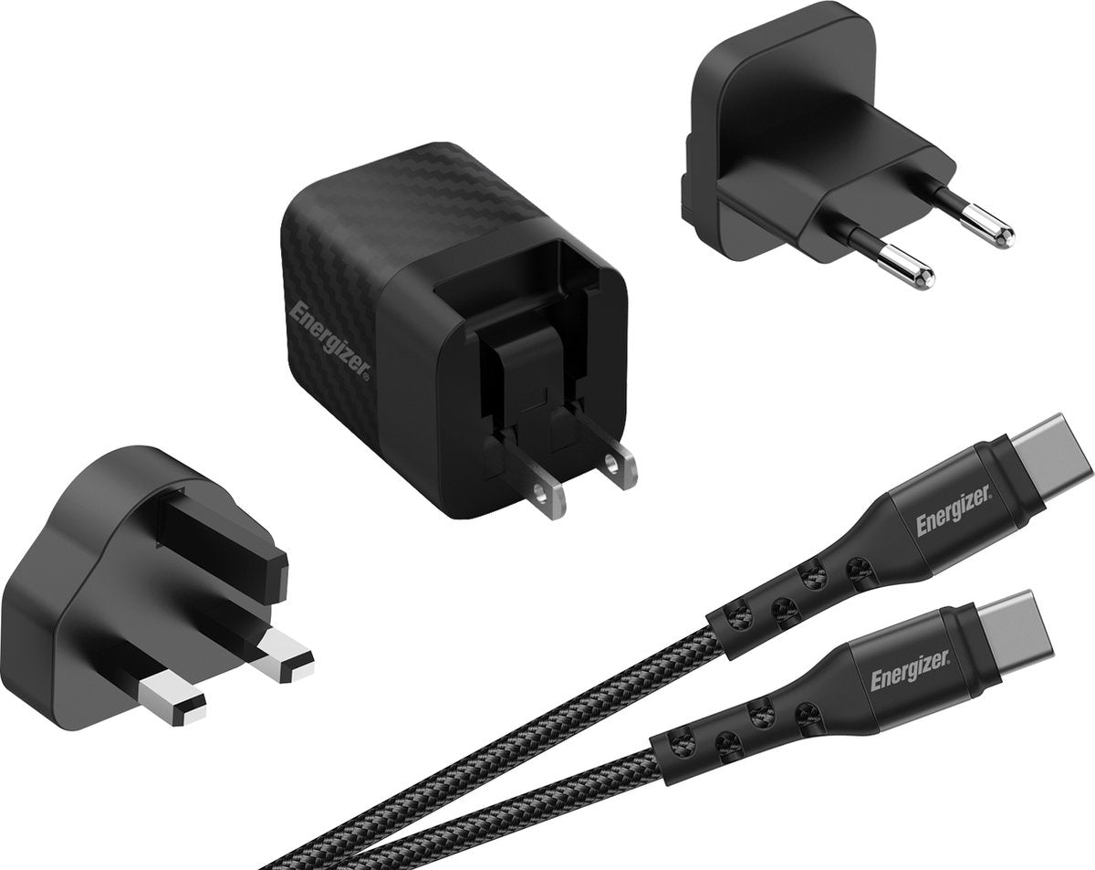 Energizer a20muc Mehrfachstecker-Ladegerät (USA, UK, EU) – Reisestecker mit USB-C-Kabel (schwarz) | 20w - 4a