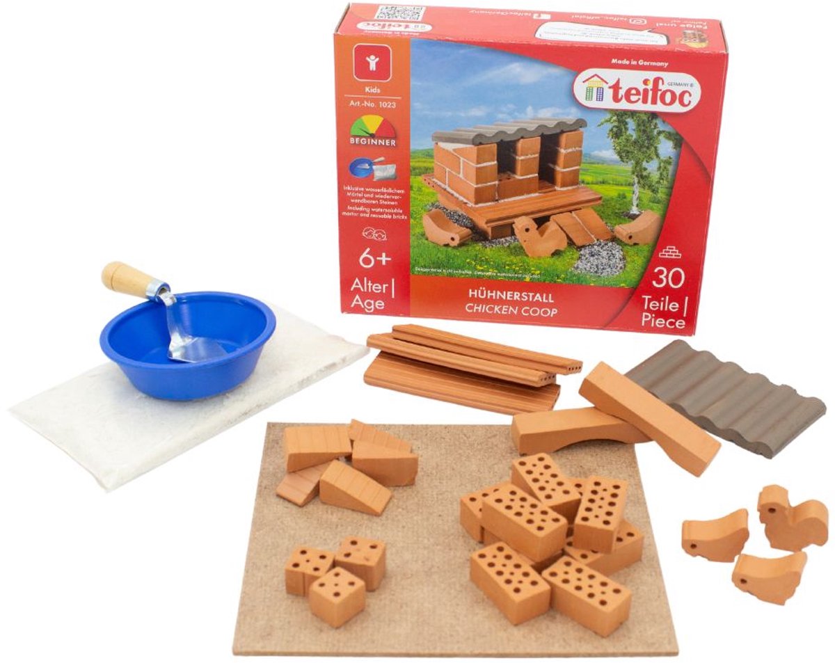 Teifoc® Baukasten – Hühnerstall-Bauset – 30 Teile – echte Mini-Steine mit Zement, Schüssel und Kelle – Bausatz für Kinder ab 6 Jahren