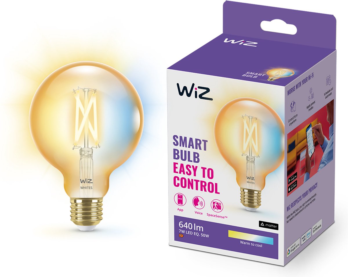 Wiz-Glühfadenlampen-Globus – warmes bis kühles weißes Licht – intelligente LED-Beleuchtung – E27-Fassung – 50 W – Gold – WLAN – kleine Glühbirne: G95