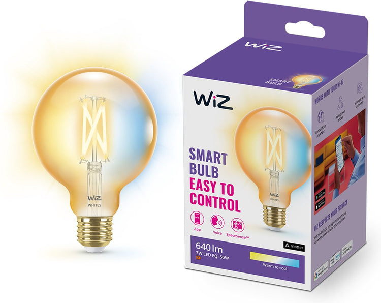 Wiz-Glühfadenlampen-Globus – warmes bis kühles weißes Licht – intelligente LED-Beleuchtung – E27-Fassung – 50 W – Gold – WLAN – kleine Glühbirne: G95