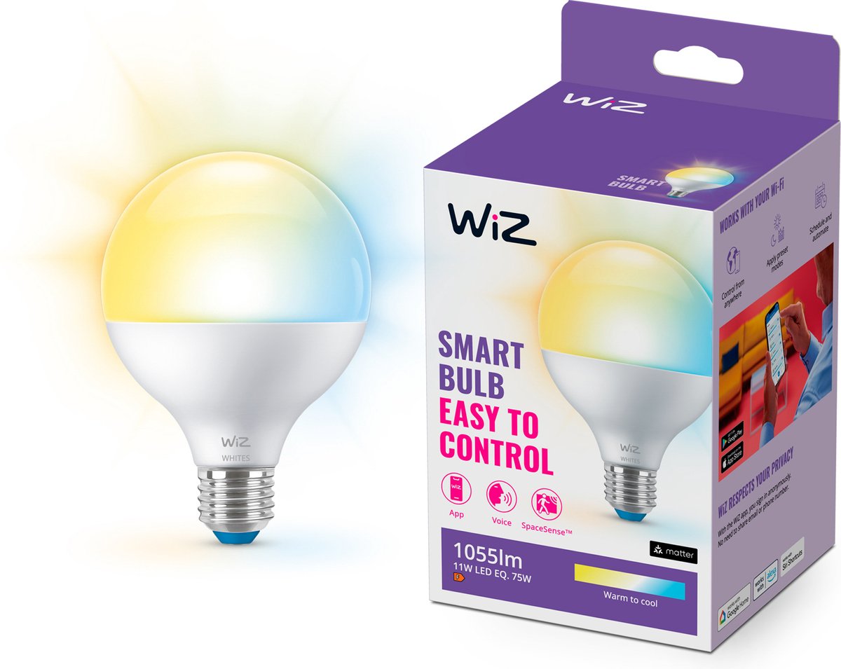 Wiz-Kugellampe – warmes bis kühles weißes Licht – intelligente LED-Beleuchtung – E27-Fassung – 75 W – matt – WLAN