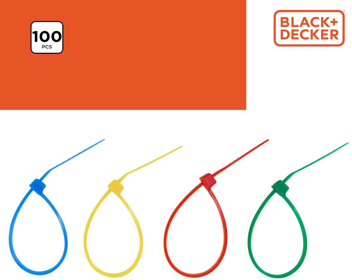 Black+decker Kabelbinder 100 Stück – Kunststoff – Blau, Rot, Gelb und Grün