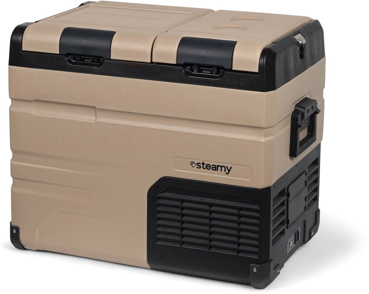 Steamy-e Zweizonen-Kühlbox mit elektrischem Kompressor – Doppelzone – 45 Liter – 12 V und 230 V – für Auto und Camping – Sandstein