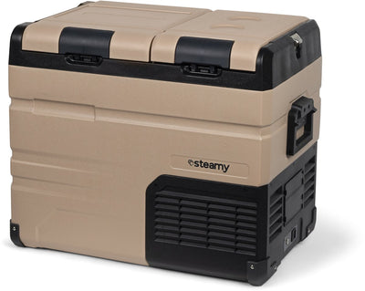 Steamy-e Zweizonen-Kühlbox mit elektrischem Kompressor – Doppelzone – 45 Liter – 12 V und 230 V – für Auto und Camping – Sandstein
