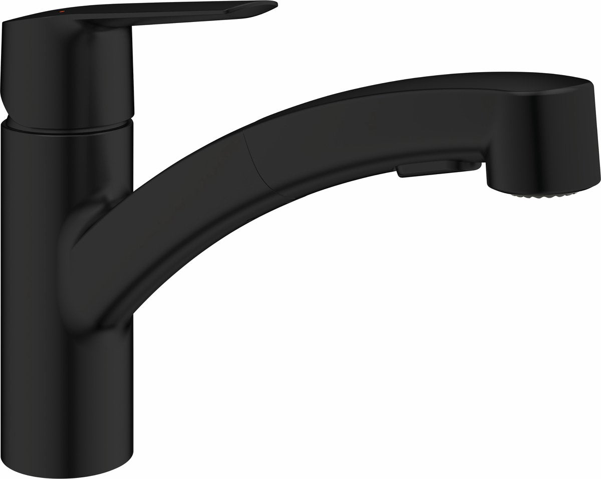 Grohe Start Küchenarmatur – niedriger Auslauf – 90° Schwenkbereich – mit ausziehbarer Handbrause – mattschwarz