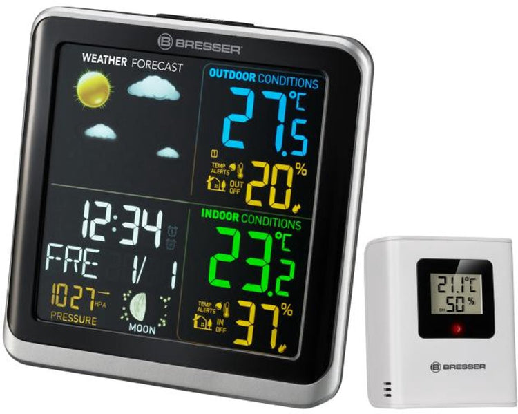 Bresser Climatemp TB Wetterstation – Farbdisplay – Innen-Außentemperatur – Luftfeuchtigkeit – Wettervorhersage – DCF-Uhr – Alarmfunktion – Adapter im Lieferumfang enthalten