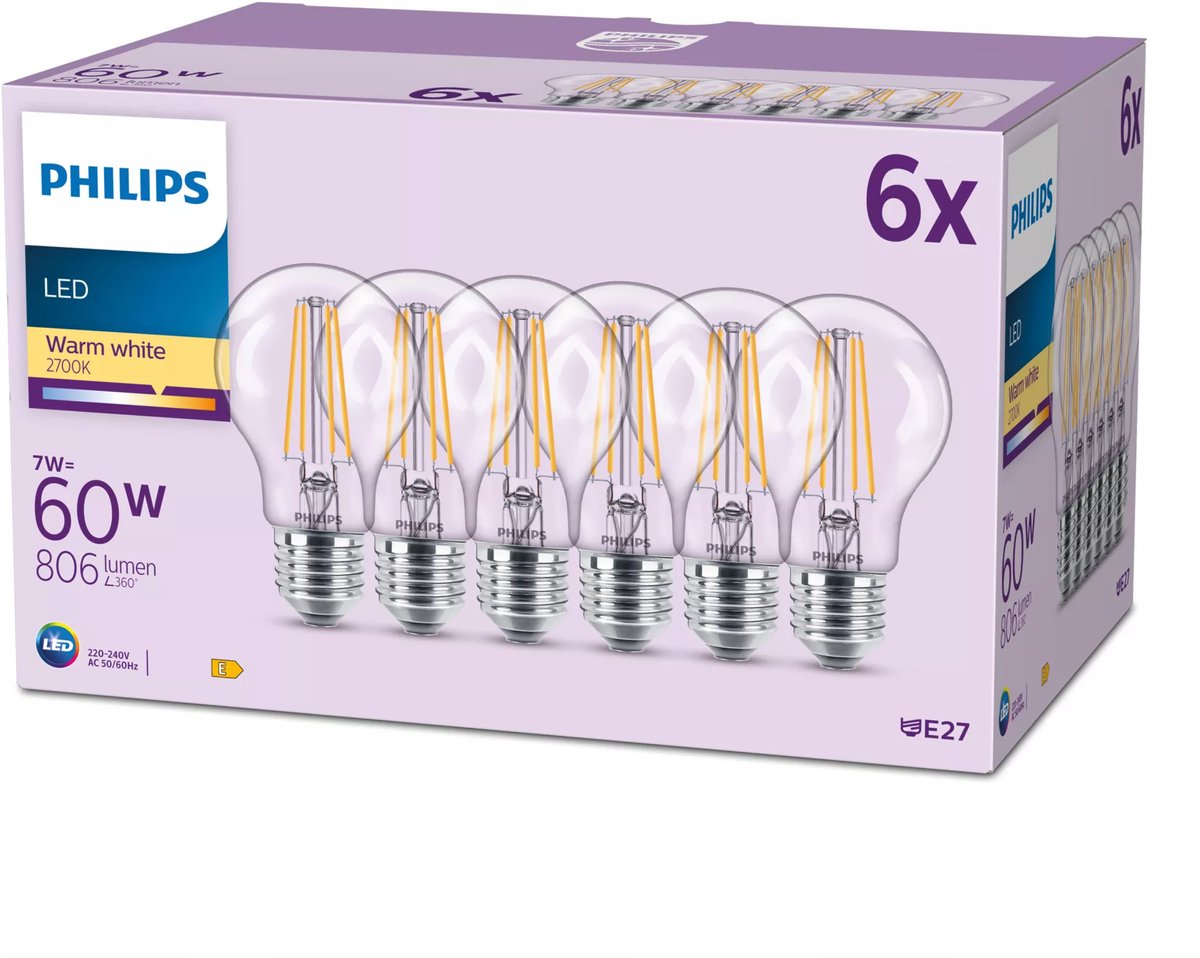 Philips LED-Lampe matt - 60 W - E27 - warmweißes Licht - 6 Stück