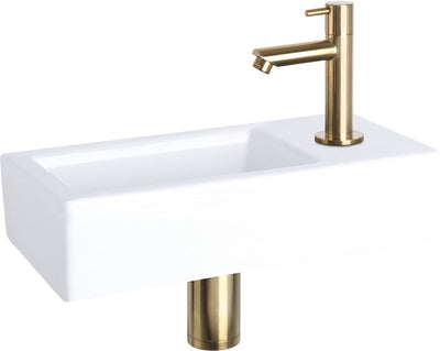 Differnz Helios Springbrunnen-Set – Keramikwaschbecken 37,5 x 18,5 x 9,5 cm – WC-Springbrunnen-Set mit Waschtischarmatur rechts mattgold – Waschtisch mit geradem Wasserhahn und Standardgriff – für Bad oder WC