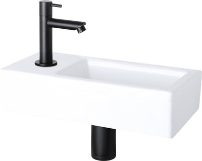 Differnz Helios-Brunnen-Set – 37,5 x 18,5 x 9,5 cm – rechteckig – 1 Hahnloch links – gerader mattschwarzer Wasserhahn – weiß