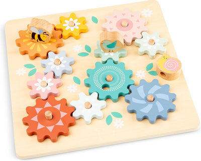Woet® Holzpuzzle mit rotierenden Zahnrädern Garten - Drehradpuzzle mit Tieren - Motor- und Kreativspielzeug - FSC - ab 2 Jahren