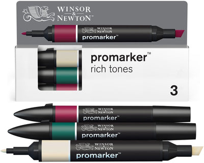 Winsor Newton 0290191 Pro Marker Set 3-teilig – satte Töne – Alkoholmarker mit Doppelspitze