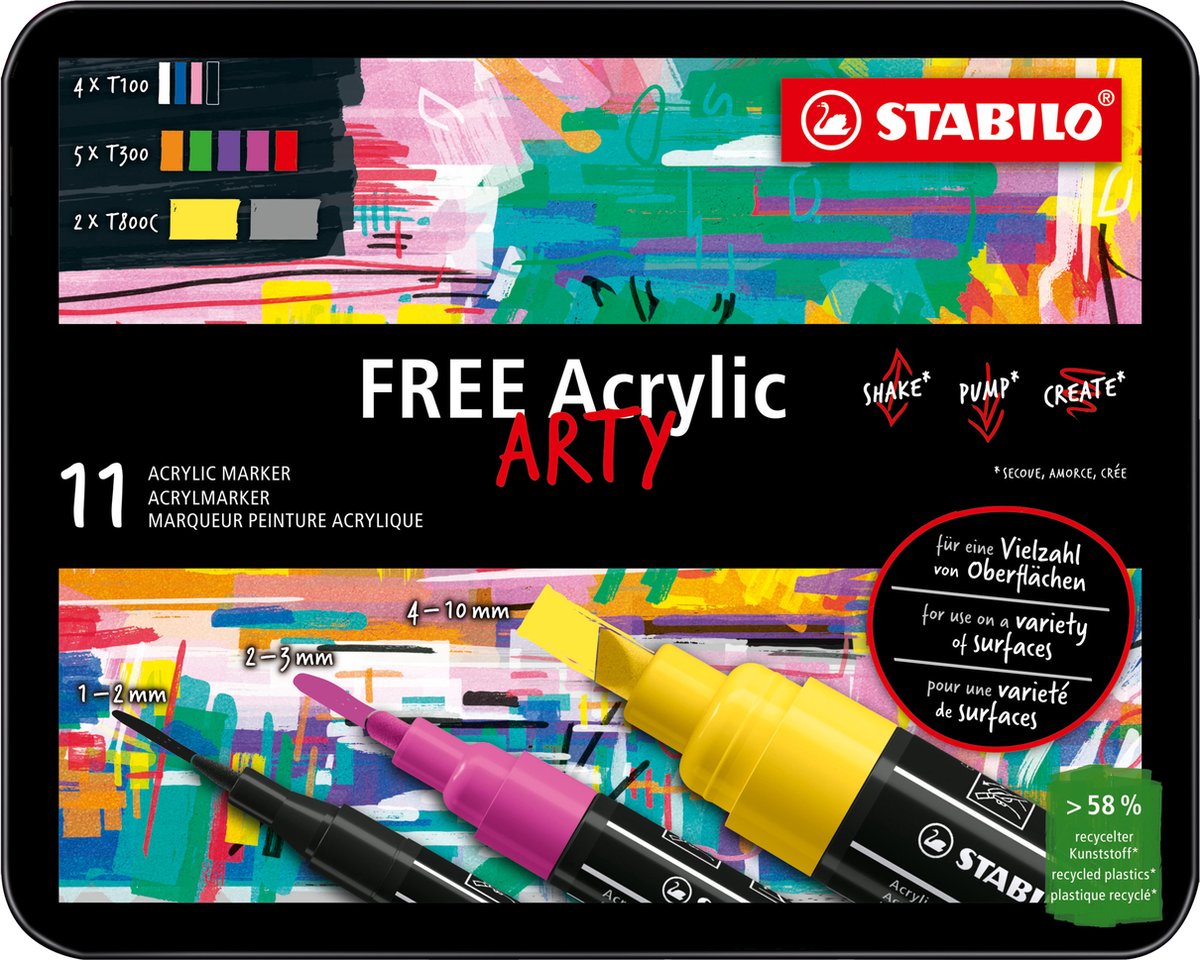 Stabilo free - Acrylmarker - Startset - 11 Acrylmarker - 3 verschiedene Spitzengrößen