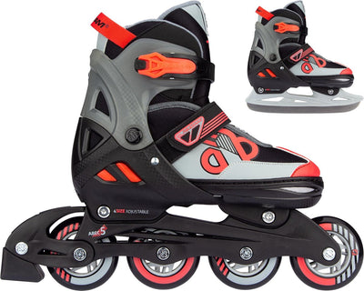 Nijdam 2-in-1-Combo-Inline-Skates für Kinder, verstellbar – Eishockey – Schwarz Rot – Größe 33–36