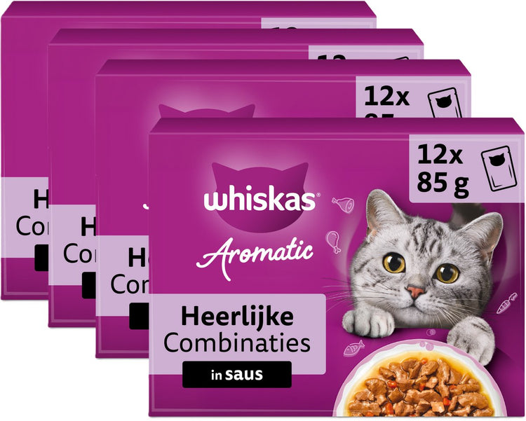 Whiskas Katzenfutter – Erwachsene 1+ – aromatische, köstliche Kombinationen in Soße – 48 x 85 g