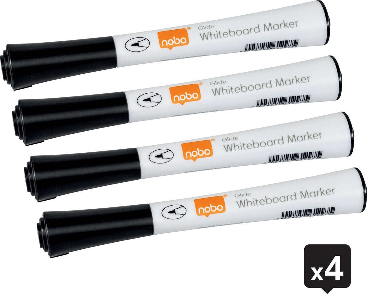 Nobo Glide Whiteboard-Marker mit feiner Spitze – 4er-Pack – Schwarz