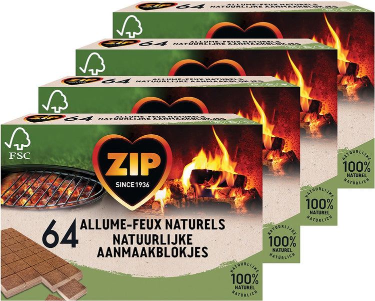 Zip-Feueranzünder 265 Stück – Kamin-BBQ-Würfel – braune Feueranzünder – natürlich und geruchlos – 4 x 64 Stück