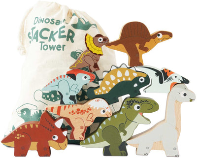 Le Toy van stapelbares Dinosaurier-Spielzeugset aus Holz mit Tasche FSC 100 %.